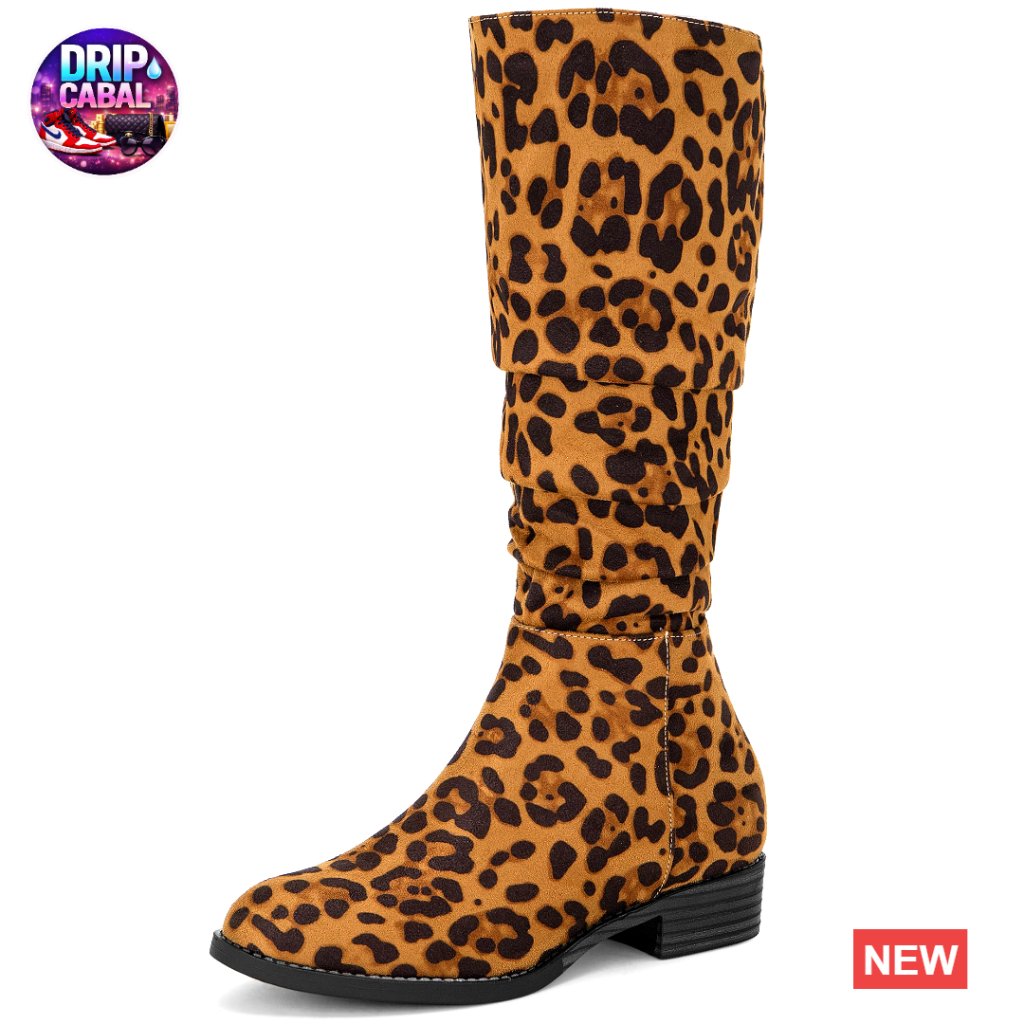 Faux Suede Slouch Knee High Boots Low Heel Round Toe